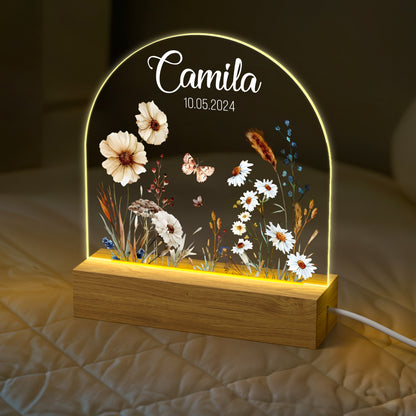 Personalized Floral Acrylic Night Light with Name