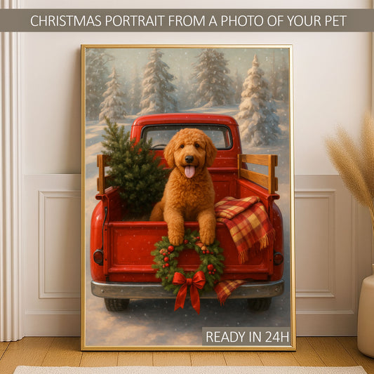 Vintage Christmas Pet Portrait in Red Truck from Your Photo