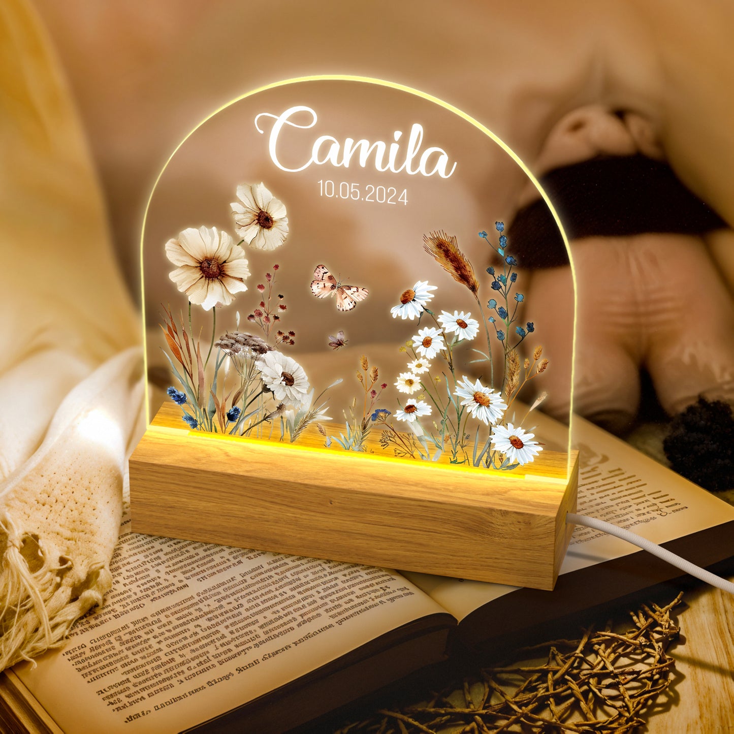Personalized Floral Acrylic Night Light with Name