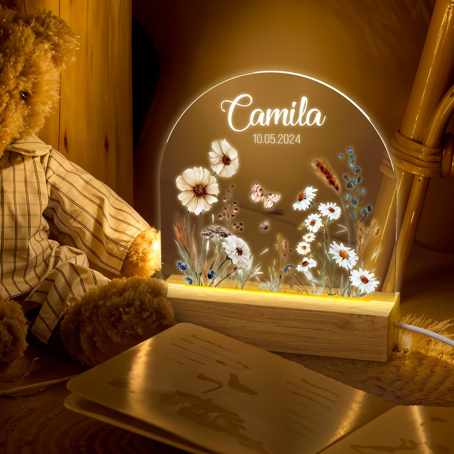 Personalized Floral Acrylic Night Light with Name
