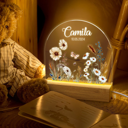 Personalized Floral Acrylic Night Light with Name
