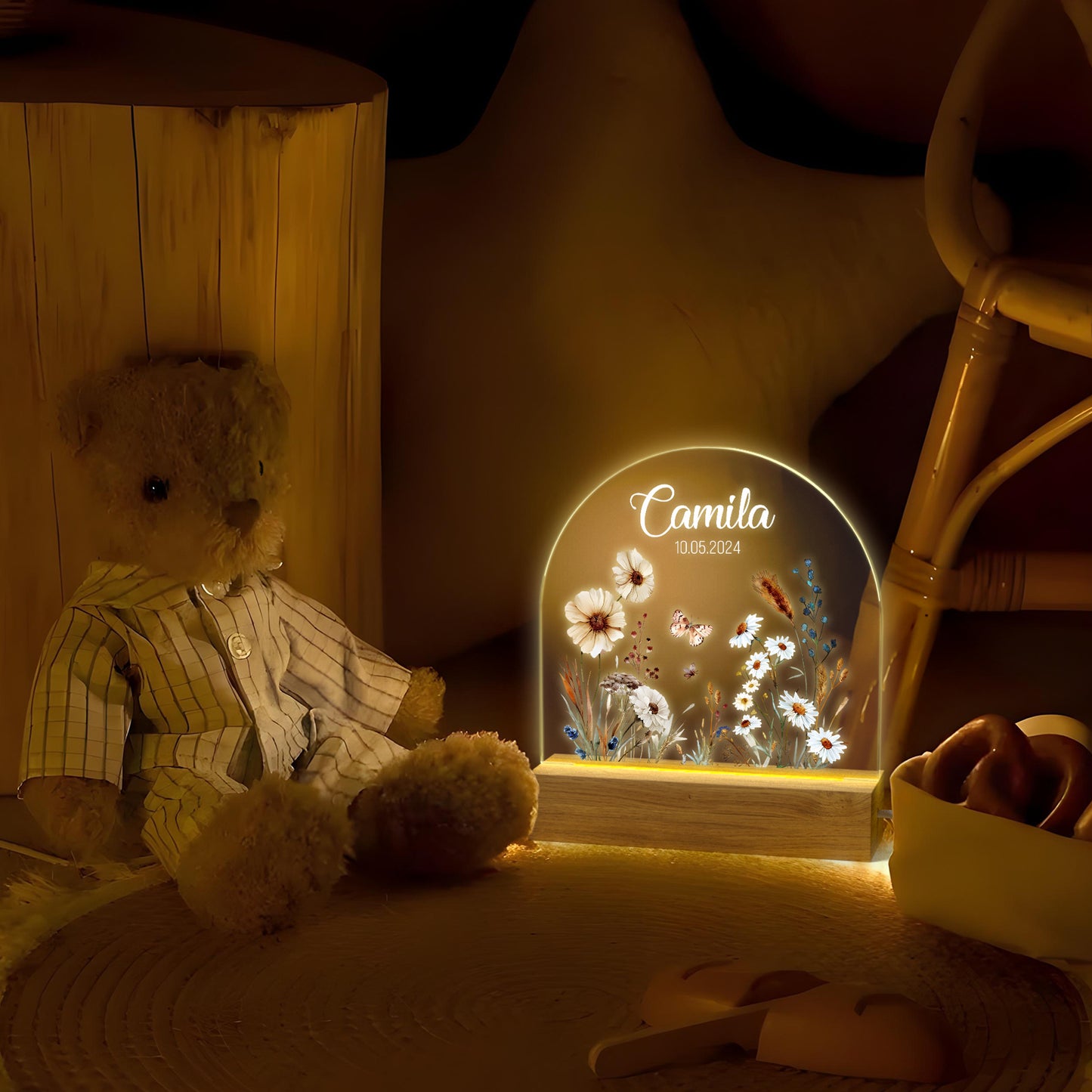 Personalized Floral Acrylic Night Light with Name