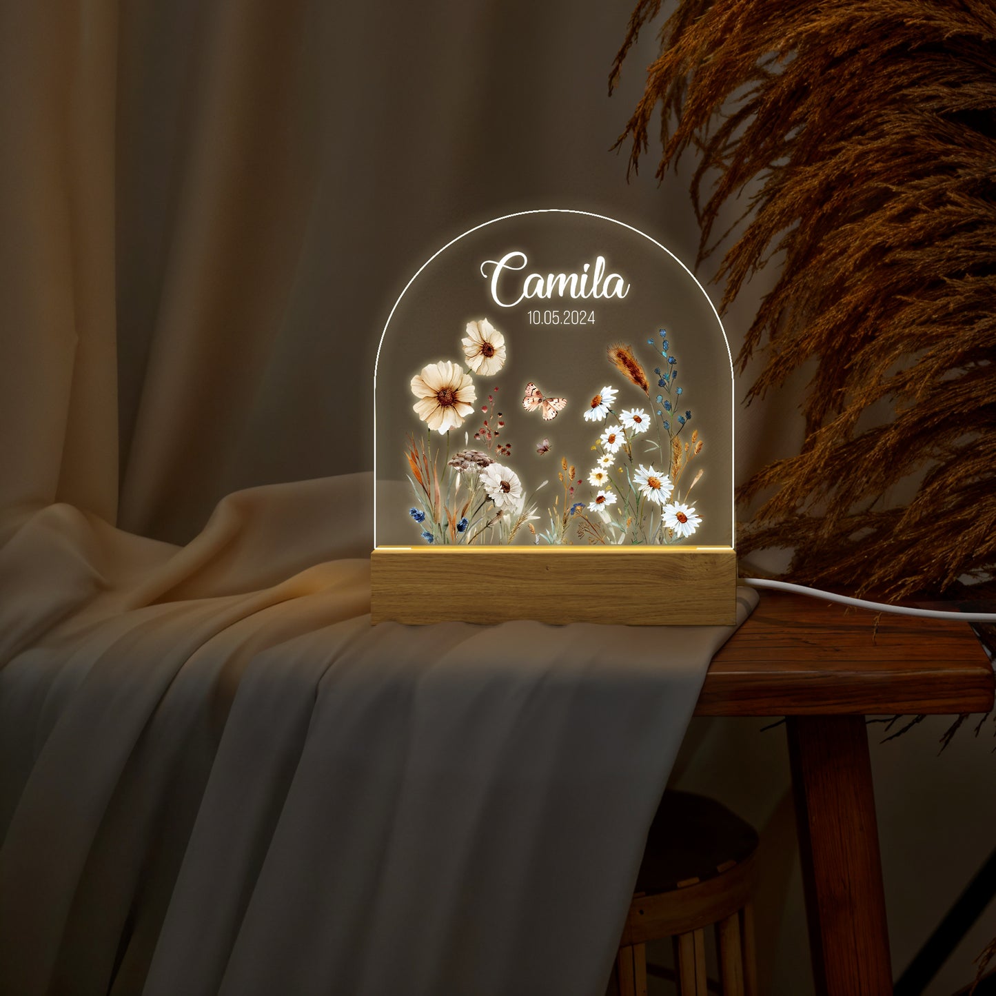 Personalized Floral Acrylic Night Light with Name