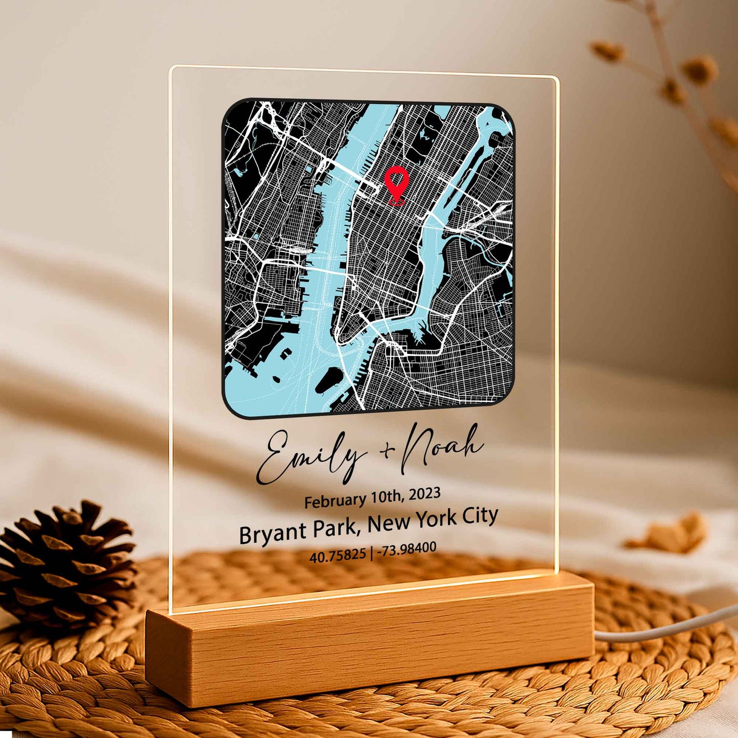 Custom Location Map Night Light – Personalized Acrylic Map Plaque